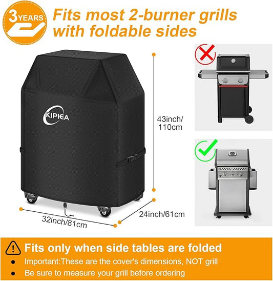 Kipiea 600D Heavy Duty Gas Grill Cover for Weber Spirit E-210/E-215, 32-Inch Waterproof BBQ Cover with Windproof Buckles – Not Compatible with Spirit II E-210, Both Side Tables Must Be Folded