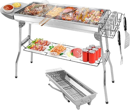 Portable Large Charcoal Grill W/Board Shelf & Flavoring Storage Basket, Outdoor Folding Barbeque Grill Stainless Steel Camp Picnic Cooker with Grill Pan (39.37 x 12.2 x 27.95)"