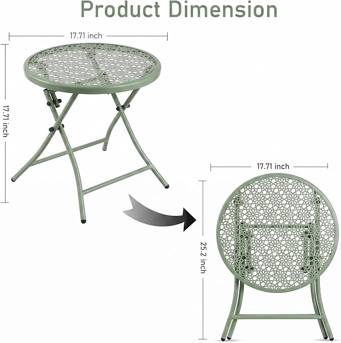 TeoKJ Folding Outdoor Small Side Tables | Anti Rust Small Patio Table Round Metal Nightstand with Flower Cutouts for Porch Yard Balcony Deck Lawn, Green