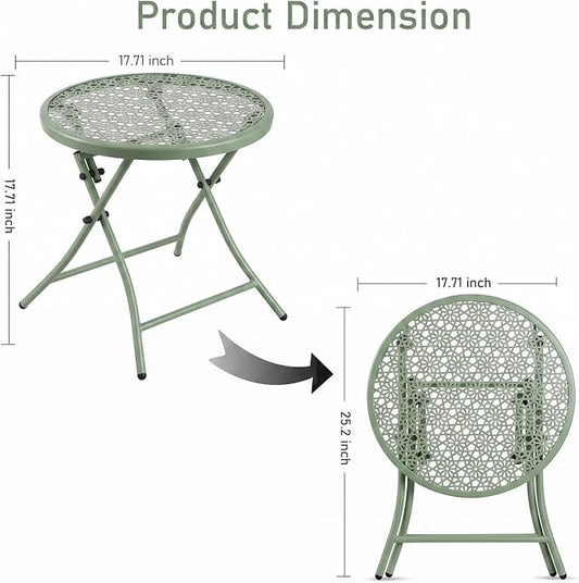 TeoKJ Folding Outdoor Small Side Tables | Anti Rust Small Patio Table Round Metal Nightstand with Flower Cutouts for Porch Yard Balcony Deck Lawn, Green