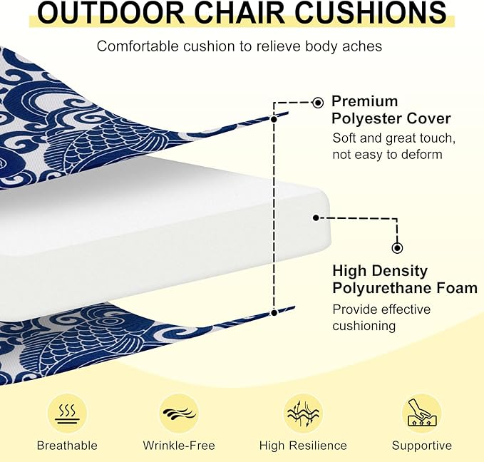 downluxe Outdoor Chair Cushions Set of 4 for Patio Furniture, Water-Resistant Square Corner Patio Chair Cushions with Ties, High Density Foam Outdoor Seat Cushion, 18.5" X 16" X 3", Blue Carp