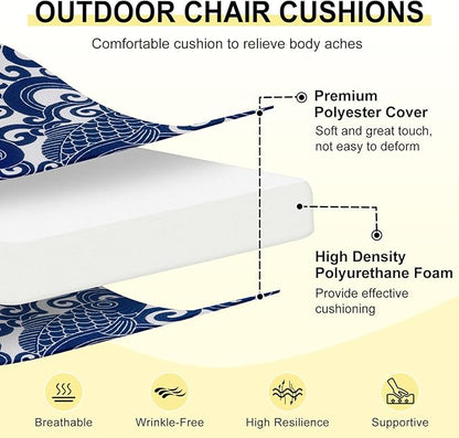 downluxe Outdoor Chair Cushions Set of 2 for Patio Furniture, Water-Resistant Square Corner Patio Chair Cushions with Ties, High Density Foam Outdoor Seat Cushion, 18.5" X 16" X 3", Blue Carp