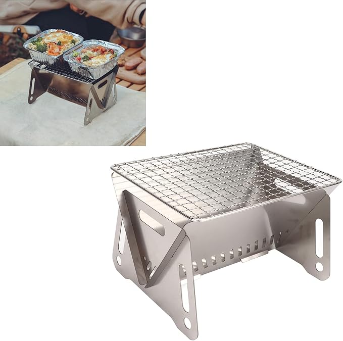 Topyond Foldable BBQ Grill, Portable Stainless Steel Charcoal Grill with Ventilation Holes, Heat Resistant Campfire Grill for Outdoor Cooking, Camping, Patio Use