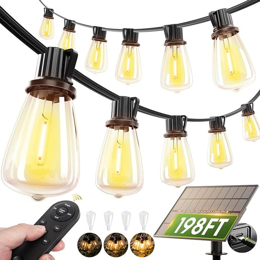 addlon 198FT Extra Long Solar Powered String Lights Outdoor Waterproof, Shatterproof 60+4 LED Bulbs, Patio Hanging Lights with Remote, Dimmable Timer for Large Backyard Garden Wedding Party Camping