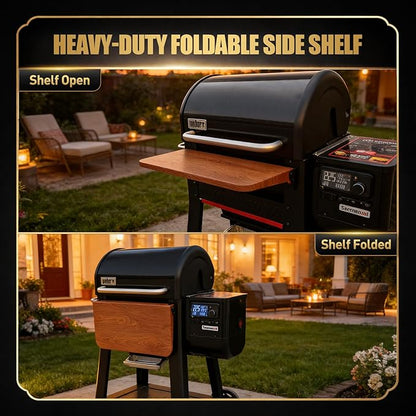 QuliMetal Foldable Front Shelf for Weber Searwood 600, 22.80" Grill Front Table with Wood-Grain Finish, BBQ Prep Shelf Accessory, Quality Steel Front Shelf