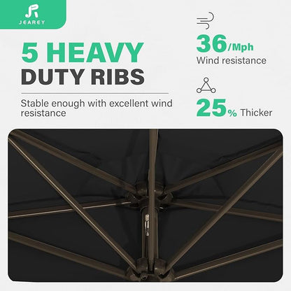 JEAREY 9ft Half Umbrella Outdoor Patio Umbrella Market Umbrellas with Crank, 1/2 Round Wall Umbrella 5 Sturdy Ribs UV Protection for Pool Garden Balcony Deck, Black