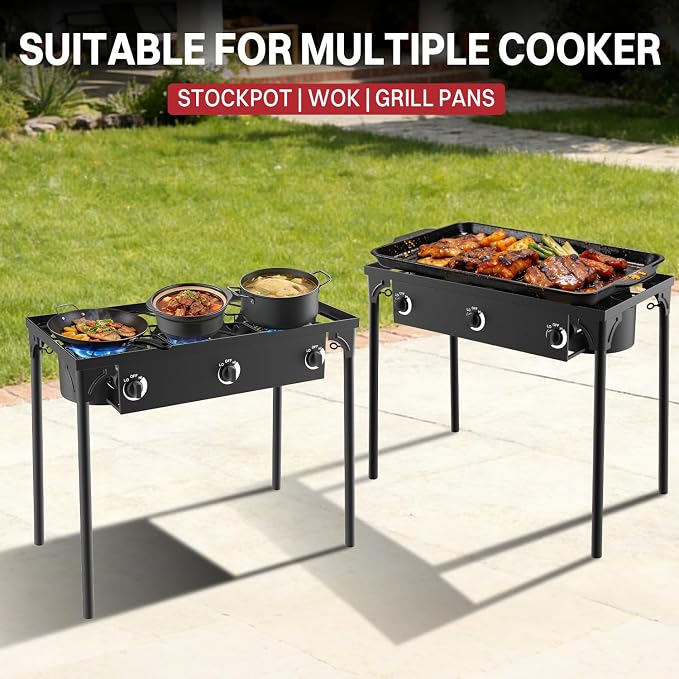 3 Burner Propane Camp Stove | 225,000 BTU | High Pressure Gas Burners | CSA Certified | Waterproof Cover | Detachable Legs | Ideal for Camping Tailgating Backyard Outdoor Cooking