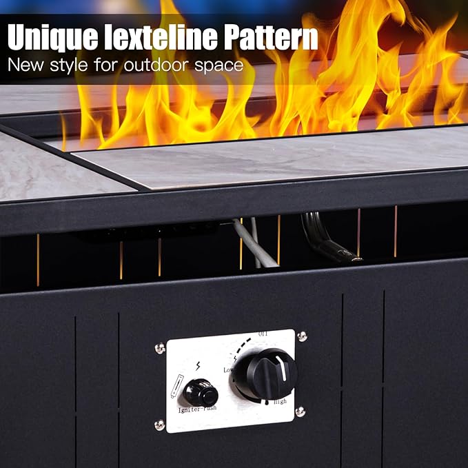 OutVue 47" Propane Fire Pit Table with Real Ceramic Tabletop, 50000 BTU Gas Firepit Table with Lid & Lava Stones, Outdoor Fire Pit for Dining or Party, Firepit for Outside, Patio