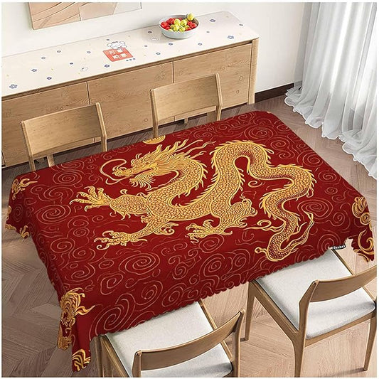 Dragon Decorative Tablecloth, Chinese Dragon Golden Red Kitchen Table Cover Oblong 52"X70" Tablecloths Dining Table Cloth Decor for Buffet Parties Patio and Camping