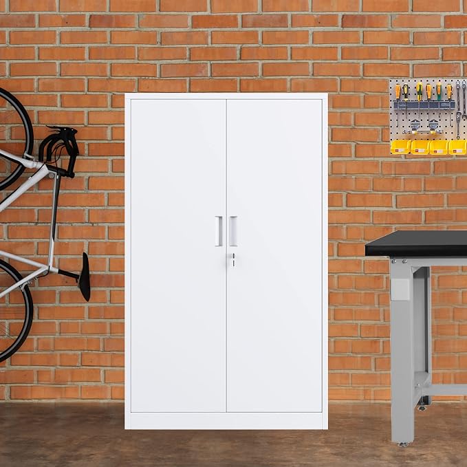 Metal Storage Cabinet with Locking Doors and 3 Adjustable Shelves, 53.5-Inch Tall Lockable Steel Storage Cabinets for Home Office Garage Pantry (White)