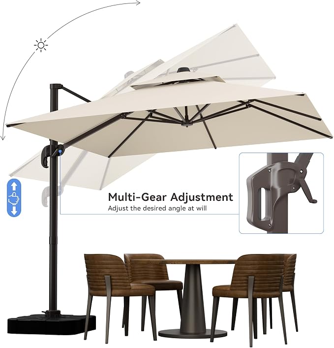 10x10FT Beige Cantilever Outdoor Patio Umbrella with Base, Large Square Offset Design, Double Top Heavy Duty Aluminum Frame & 360° Rotation for Pool Garden Deck Backyard