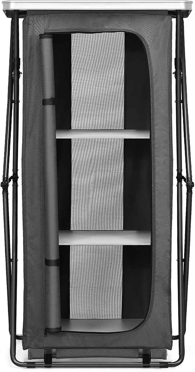 Giantex Folding Camping Storage Cabinet with 3 Shelves and Carry Bag, Portable Outdoor Organizer Kitchen Table, Quick Set-up for BBQ, Picnic, Backyard, Compact Pop-Up Cupboard, 47''H