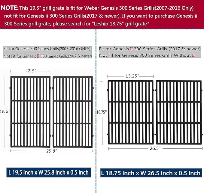 Leship 19.5 inch Cooking Grates Replace for Weber 7524, 7528, Weber Genesis 300 Series Genesis E310 E320 E330 S310 S320 S330 EP310 EP320 EP330 Grills, Cast Iron Grill Grates (19.5" x 12.9" Each)