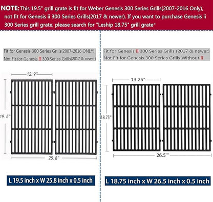 Leship 19.5 inch Cooking Grates Replace for Weber 7524, 7528, Weber Genesis 300 Series Genesis E310 E320 E330 S310 S320 S330 EP310 EP320 EP330 Grills, Cast Iron Grill Grates (19.5" x 12.9" Each)