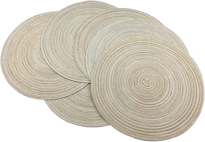 WAZAIGUR Red-A，Placemats,Round Placemats for Dining Table Set of 6 Woven Heat Resistant Non-Slip Kitchen Table Mats Diameter 14 Inch(Cream with Golden Silk)