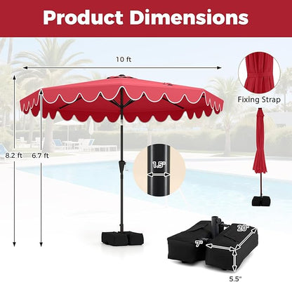 Tangkula 10 FT Patio Umbrella with Base Included, 2-Tiers Outdoor Scalloped Table Umbrella with 2 Sandbags, Tilt Adjustment, Crank, 8 Ribs for Market Backyard Pool Deck Beach Lawn