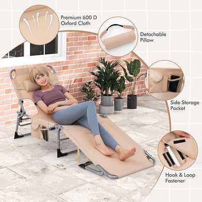 Goplus Tanning Chair, Folding Adjustable Patio Lounge Chair with Face Hole, Removable Pillow, 330LBS, Carry Strap, Outdoor Sunbathing Chair, Lightweight Portable Beach Lounge Chair (1, Beige)