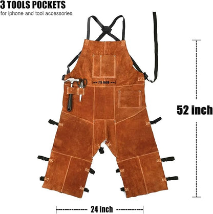QeeLink Leather Welding Apron Split Leg for Men - Spark Flame Heat Resistant Bib Protective Chaps - Heavy Duty Cowhide Pants