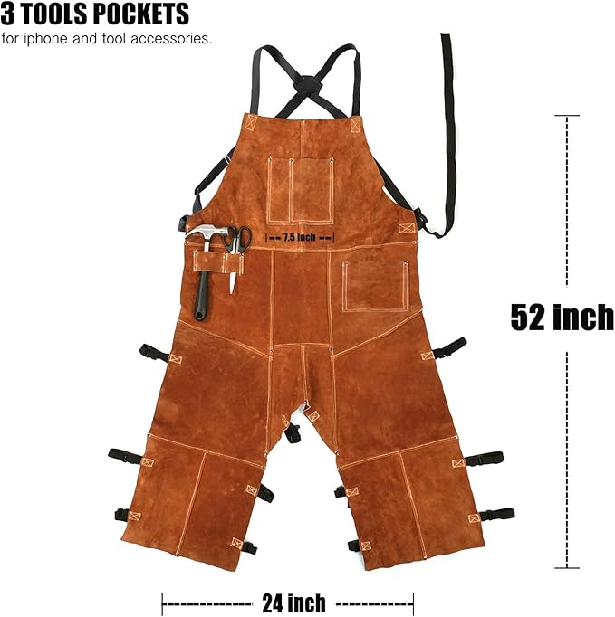 QeeLink Leather Welding Apron Split Leg for Men - Spark Flame Heat Resistant Bib Protective Chaps - Heavy Duty Cowhide Pants