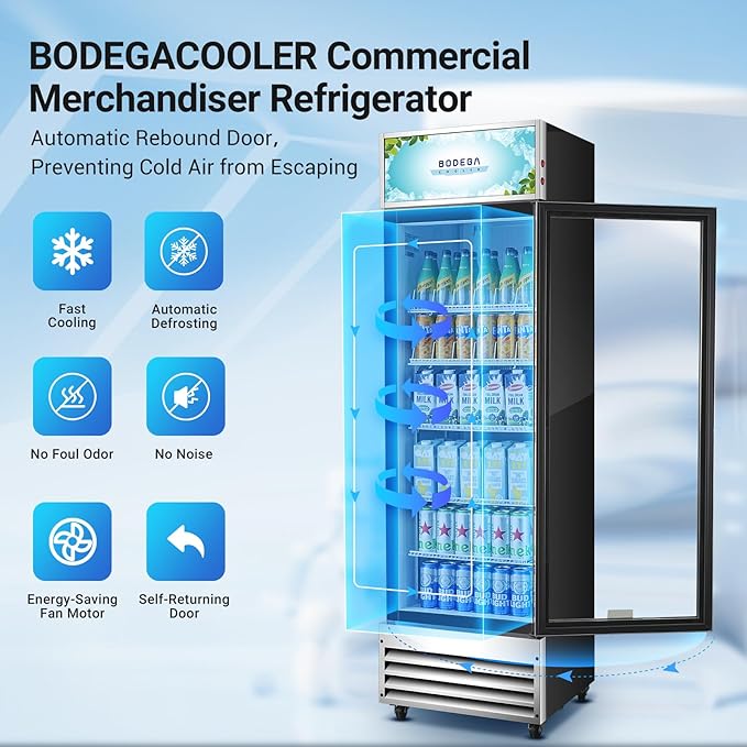 BODEGACOOLER Commercial Merchandiser Refrigerator, 12.5 Cu.Ft Glass Door Display Cooler, Upright Beverage Refrigerator with Soft LED Light, Adjustable Shelves, 4 Heavy-Duty Stainless Steel Casters