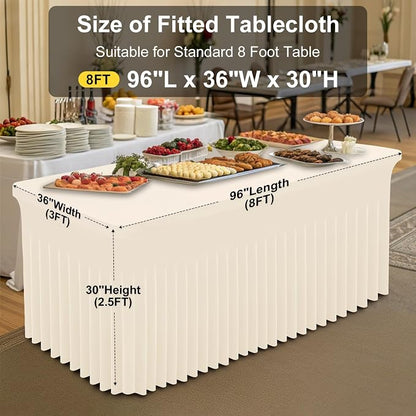 Smiry Spandex Elastic Fitted Table Cloth Skirt for 8FT Rectangle Table | Stretch Washable Table Cloth, Banquet Table Cover for Wedding, Party, Indoor & Trade Shows, (Beige, 96Lx36Wx30H)