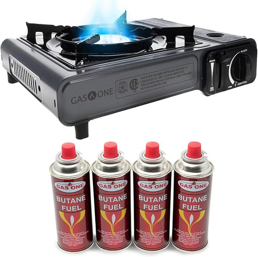 GasOne Portable Butane Camping Stove with Case + 4 Fuel Canister Catridge: Automatic Ignition, Precise Heat Control - Camping & Tailgating and Outdoor Cooking