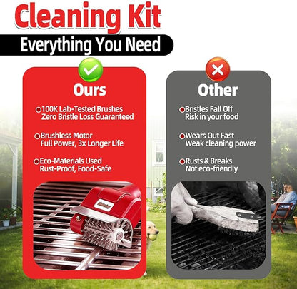 Electric Grill Brush and Cleaner - Cordless Rechargeable BBQ Cleaning Tool with Stainless Steel Removable Head, Dishwasher Safe, USB-C 4000mAh Battery for Grill Grates(Red)