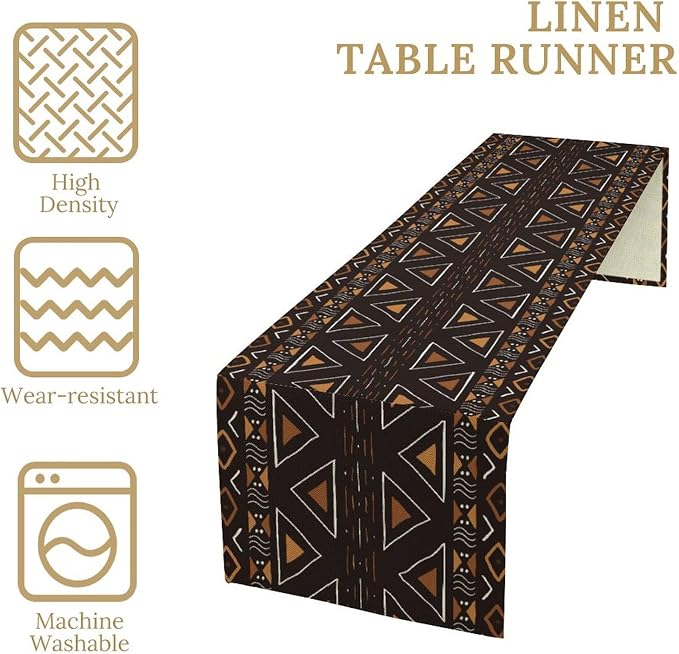 African Geometric Tribal Table Runner Vintage Abstract Africa Traditional Mud Cloth Pattern Seasonal Summer Holiday Dinner Runner for Farmhouse Home Kitchen Dinner Table Party Decor 13x120in