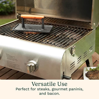 Cuisinart Cast Iron Grill Press with Wooden Handle, Heavy Duty Nonstick Rectangle Burger Press with Wood Handle, Perfect Grill Accessory for Steak, Bacon, Paninis and More