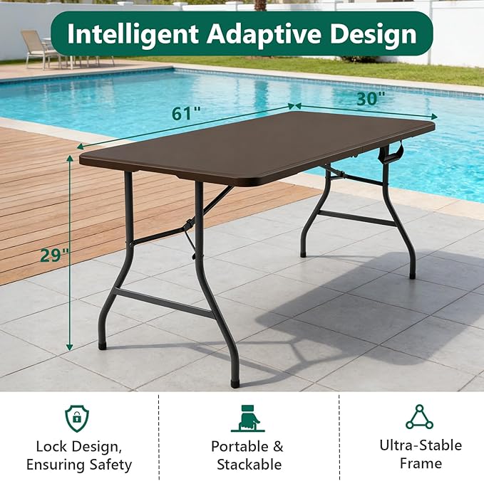 Folding Table 5FT Heavy Duty Plastic Table with Handle, Foldable&Portable, Fold-in-Half Utility Tables for Outdoor, Dining, Wedding, Events, Indoor, Picnic, Camping, Party, Brown