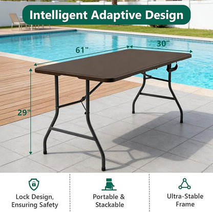 Folding Table, 5ft Portable Foldable Table Picnic Table with Carry Handle Plastic Table, Brown