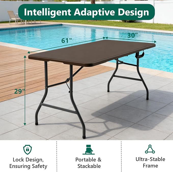 2 Pack 5ft Folding Table, Foldable Picnic Table with Carrying Handle, Heavy Duty Fold-in-Half Portable Table for Weddings, Camping, RV Travel, Parties, and Indoor Use, Easy to Fold and Store, Brown
