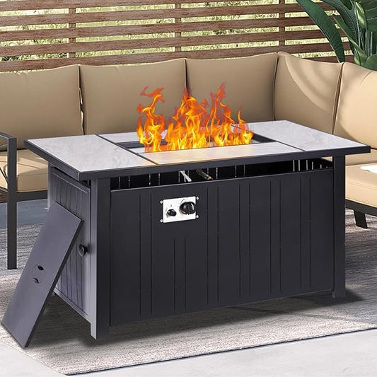 OutVue 47" Propane Fire Pit Table with Real Ceramic Tabletop, 50000 BTU Gas Firepit Table with Lid & Lava Stones, Outdoor Fire Pit for Dining or Party, Firepit for Outside, Patio
