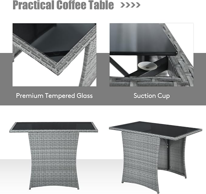 RELAX4LIFE 3-Piece Outdoor Furniture Set - All-Weather Wicker Rattan Patio Dining Set w/Tempered Glass Coffee Table & Cushions, Modern Bistro Conversation Set for Yard Balcony (Navy)