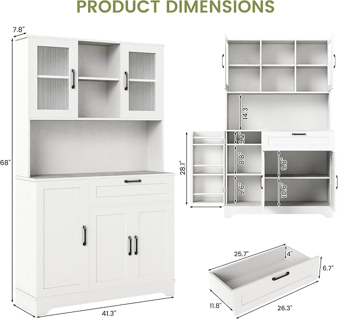 WAYTRIM Kitchen Hutch Cabinet with Storage, White Pantry Cabinet with 4 Doors and Shelves, Pantry Cabinet with Microwave Shelf & Drawers & Adjustable Shelves for Kitchen Dining Room Furniture