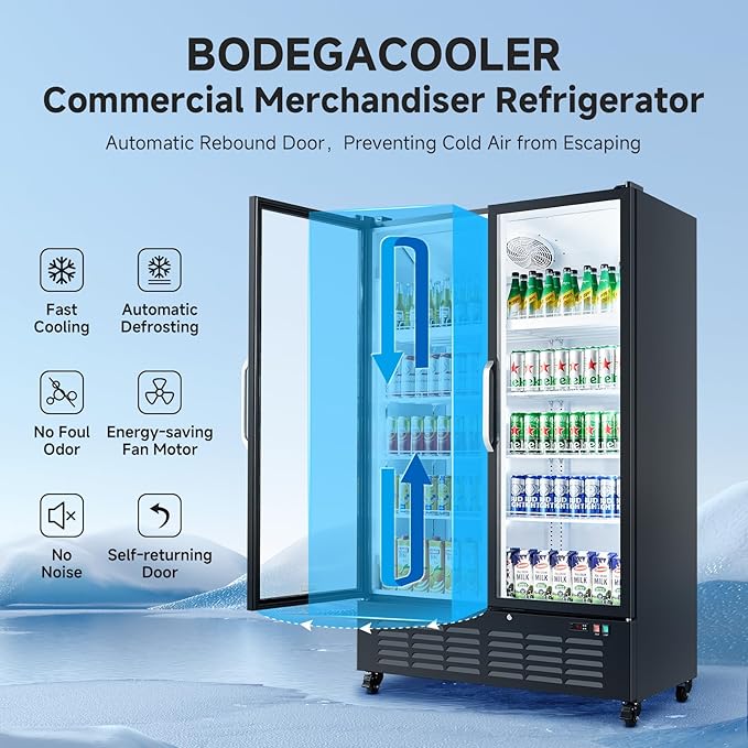 BODEGACOOLER Commercial Merchandiser Refrigerator, 36.8 Cu.Ft Double Glass Door Beverage Cooler, Upright Display Refrigerator with Soft LED Light, Adjustable Shelves, 4 Heavy-Duty Casters, Black