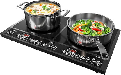 Commercial Double Burner Electric Induction Cooktop, 1000W+800W Dual Induction Hot Plate, 8 Power & 8 Temp Setting, Professional Countertop Burner Stove with Timer, LED Screen, Black