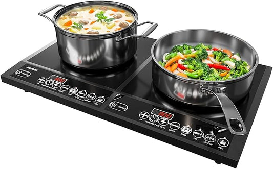 Commercial Double Burner Electric Induction Cooktop, 1000W+800W Dual Induction Hot Plate, 8 Power & 8 Temp Setting, Professional Countertop Burner Stove with Timer, LED Screen, Black
