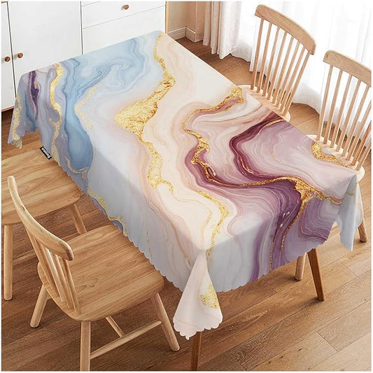 Swono Marble Tablecloth Abstract Pink Golden Waves Marble Pattern Rectangle Table Cloth Washable Plaid Table Cover for Kitchen Holiday Dinner, 52x 70 Inch Tablecloth