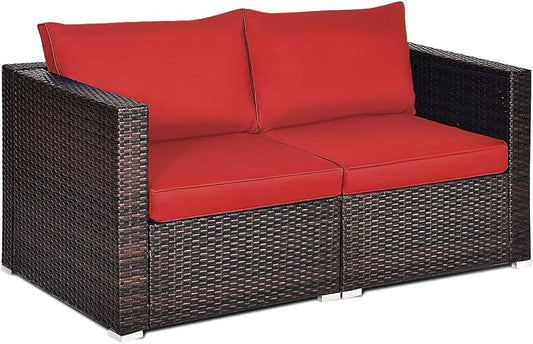 Tangkula 2 Seat Outdoor Wicker Loveseat Sofa Set, Modular PE Rattan 2 Pieces Outdoor Wicker Corner Sofa, Outside Furniture Set for Deck, Backyard, Porch, Garden & Poolside, Red