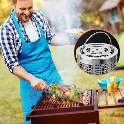 Nesting Grill Baskets (2 PCS), 304 Stainless Steel with Removable Wooden Handle, Rolling Grilling Net, BBQ Accessories Tools for Vegetables Shrimp, Outdoor Camping, Gifts for Men Dad and Husband -Silver Cylinder