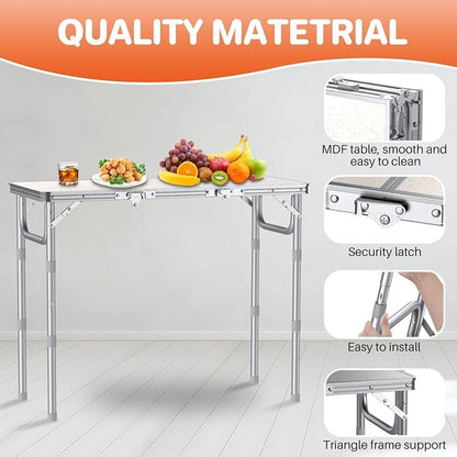 FUNYKICH 3ft Folding Camping Table, 3 Height Adjustable Max 27.5'', White | 34.2''x15.7'' Tabletop, Aluminum Lightweight Design, Portable Picnic Table for Car Camping Outdoor Backyard BBQ Beach