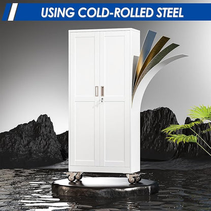 GAIOUS Metal Garage Storage Cabinet with Lock, Steel Tool Cabinet with 2 Doors and 5 Adjustable Shelves, 75” Tall Lockable File Cabinet with Wheels, Organization for Home Office Garage Gym - White