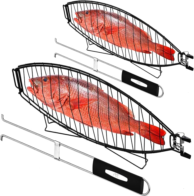 RTT Fish Grill Basket 2 Packs - Premium Stainless Steel Large Fish Basket for Grilling - Perfect for Cooking Whole Fish