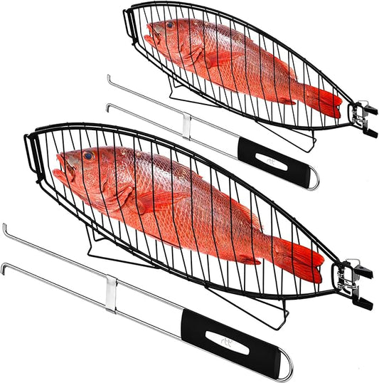 RTT Fish Grill Basket 2 Packs - Premium Stainless Steel Large Fish Basket for Grilling - Perfect for Cooking Whole Fish