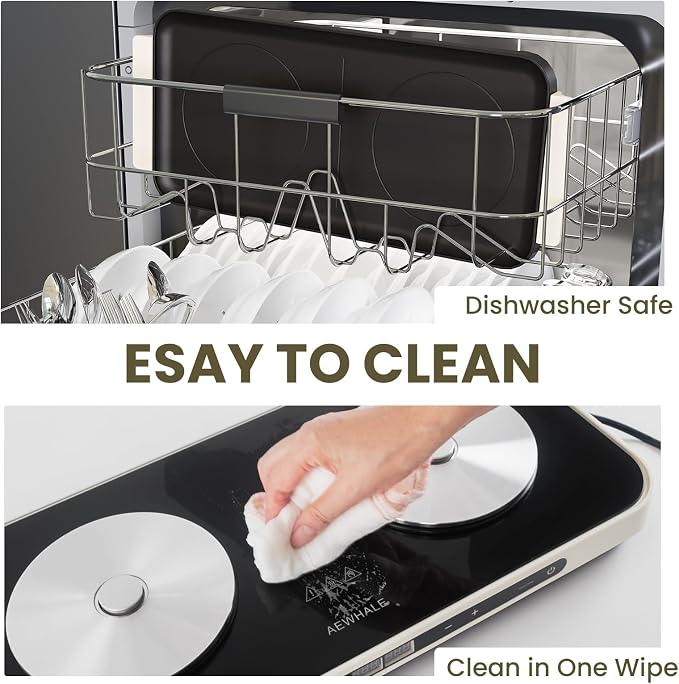 AEWHALE Electric Glass Cooktop 2 Burners | Removable Griddle Pan, Ceramic Non-stick, 900W+900W, Sensor Touch, Adjustable Temperature/Time