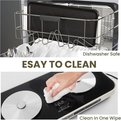 AEWHALE Electric Glass Cooktop 2 Burners | Removable Griddle Pan, Ceramic Non-stick, 900W+900W, Sensor Touch, Adjustable Temperature/Time