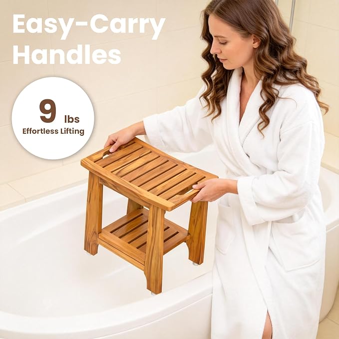 NNN 18" Standard Teak Shower Bench with Japan-Made Non-Slip Leveling Feet | US Patented Design, Marine-Grade Hardware, Pre-Oiled European Teak Oil, Ready, 300lb, for Standard Tubs Showers & Outdoor Use