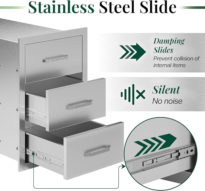 Jocisland 14-Inch Stainless Steel Outdoor Kitchen Drawer Cabinet | 14 W x 22 D x 20 H In, 3-Tier Drawers with Handles and Pull-Out Trays, Built-In BBQ Island Storage