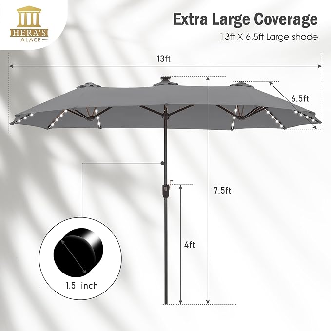 HERA'S PALACE 13 ft Patio Umbrella with 120 LED Solar Lights Double Sided Outdoor Umbrella for Patio 8 Colors Changing Table Umbrella for Garden Pool, Smoky Gray